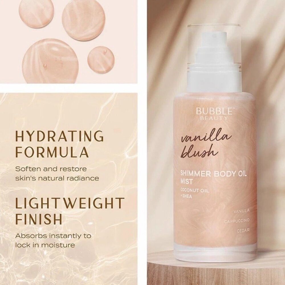 Shimmer Body Oil Mist – Vanilla Blush | Hydrating Glow Mist with Coconut Oil 6oz